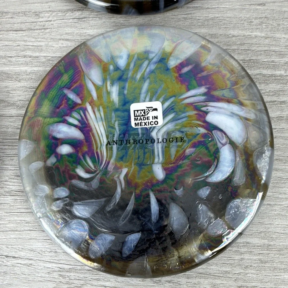 Anthropologie Iridescent Art Glass Coasters Set of 4 Multicolor Handcrafted 4in